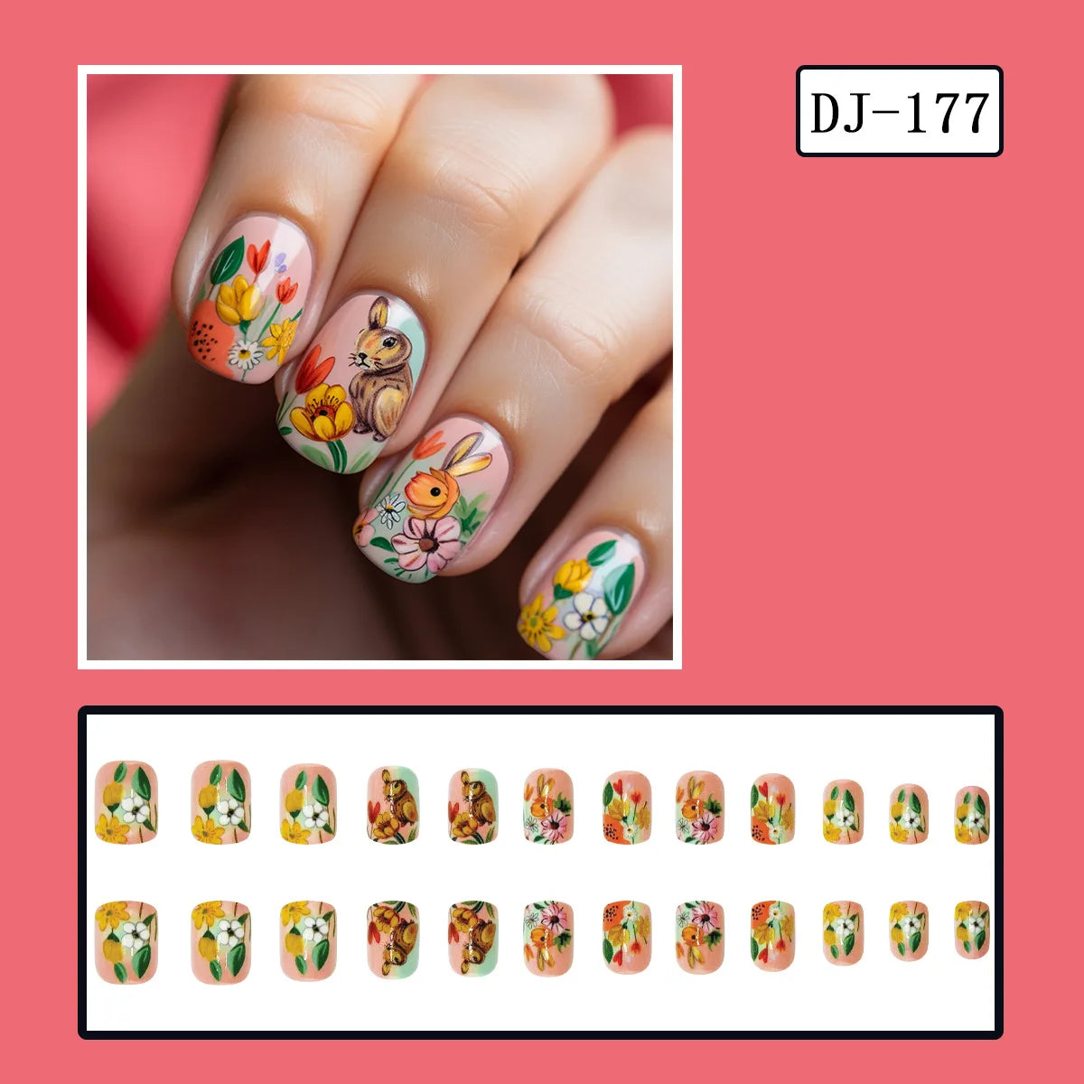24pcs Easter Cute Rabbit Press On Nails Spring Daisy Flower Design Fake Nail Tips for Girl Women Wearable Short Cute False Nails