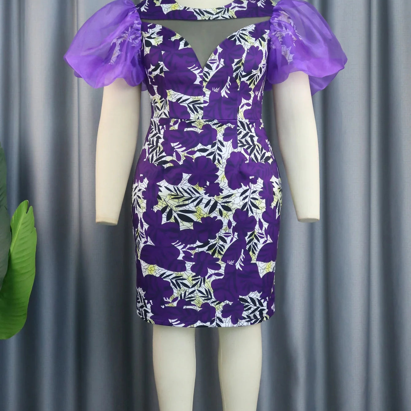 Purple Printed Dresses O Neck Tulle Patchwork Short Puff Sleeve Floral High Waist Bodycon Birthday Evening Event Party Gowns