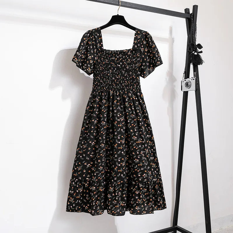 Spring Summer Chiffon Women Dresses Female Short Sleeve Elastic Waist Printed Floral Midi Dress Pleated Backless Casual Dress black One Size