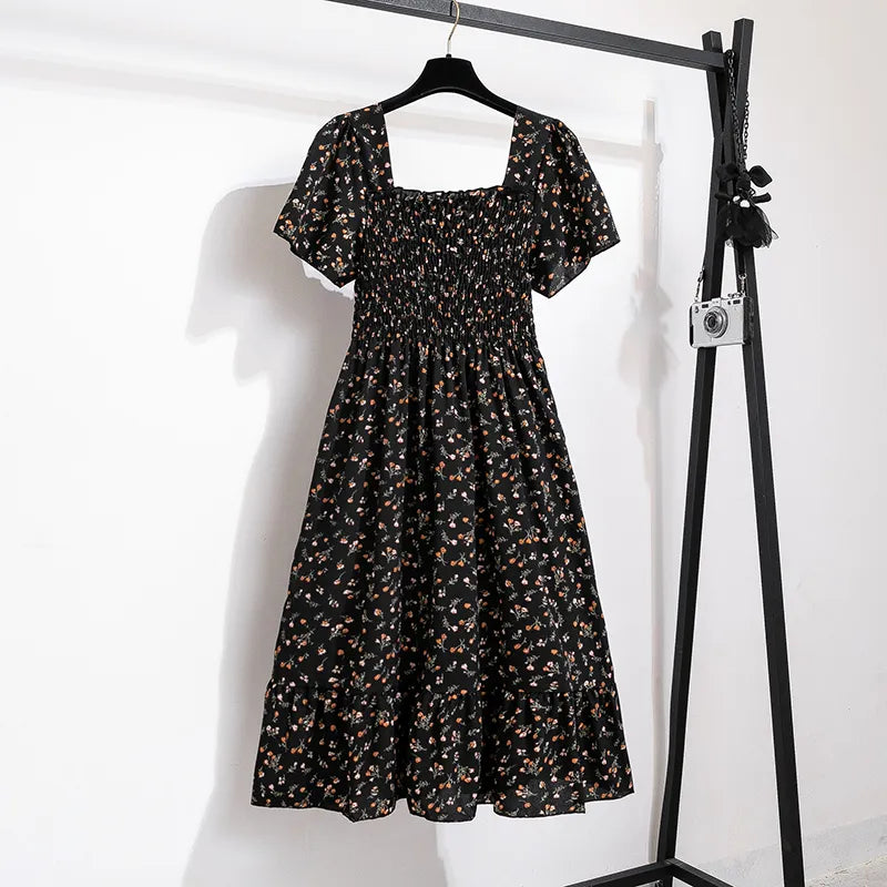 Spring Summer Chiffon Women Dresses Female Short Sleeve Elastic Waist Printed Floral Midi Dress Pleated Backless Casual Dress black One Size