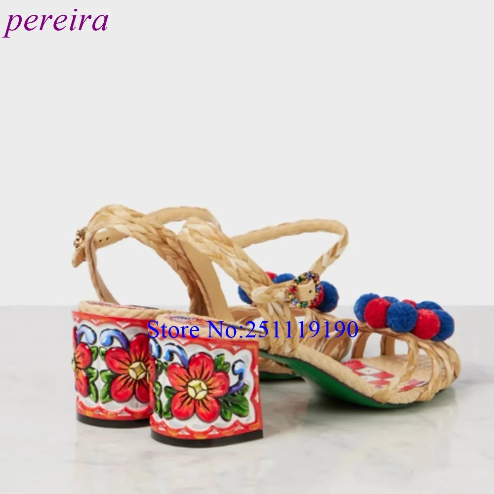 Raffia Flowers Heeled Sandals Strappy Pointed Toe Women Luxury Designer Shoes Square Heel High Heels 2025 Summer Bohemia Style