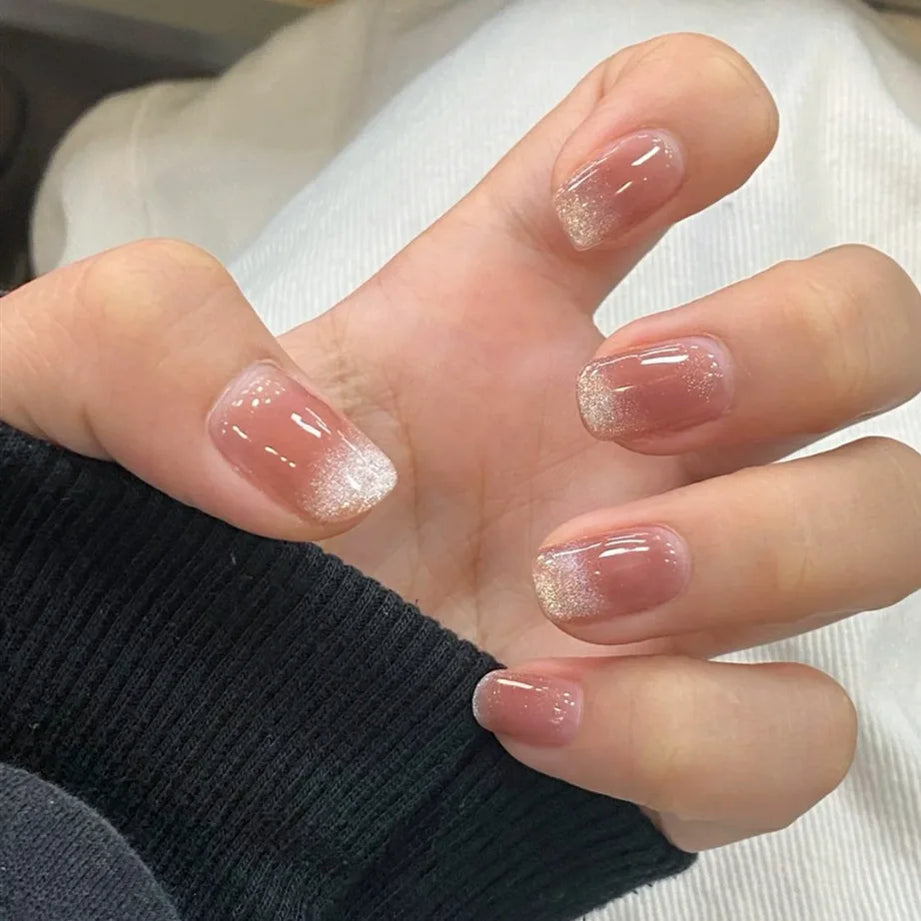 24Pcs French Shiny Cat Eye Fake Nail with Silver Edge Design Short Square Nails Wearable Finished Manicure Jelly Stick on Nails