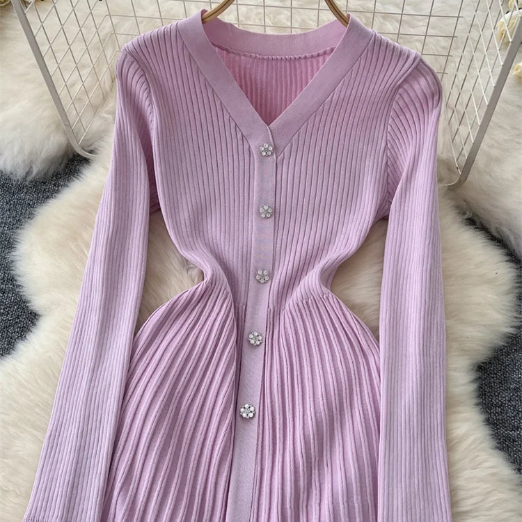 SINGREINY Autumn Knitting Sweater Dress Ladies V-Neck Single Breasted Full Sleeve Soft Slim Senior Knitted Casual Long Dress