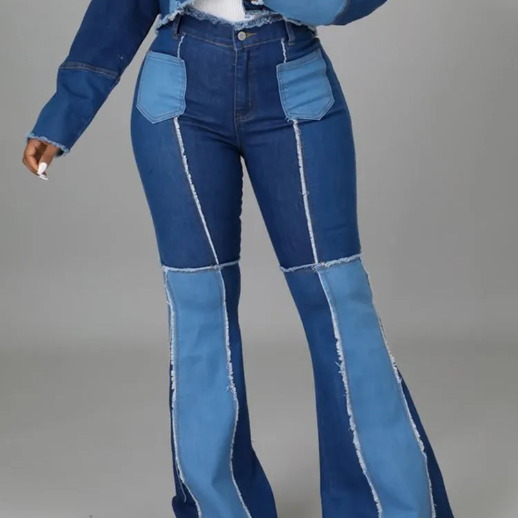 Women Plus Size Splice Jeans Flare Pant High Waist Patchwork Y2K Streetwear Vintage Skinny Denim Trousers for Female Autumn Pant Blue
