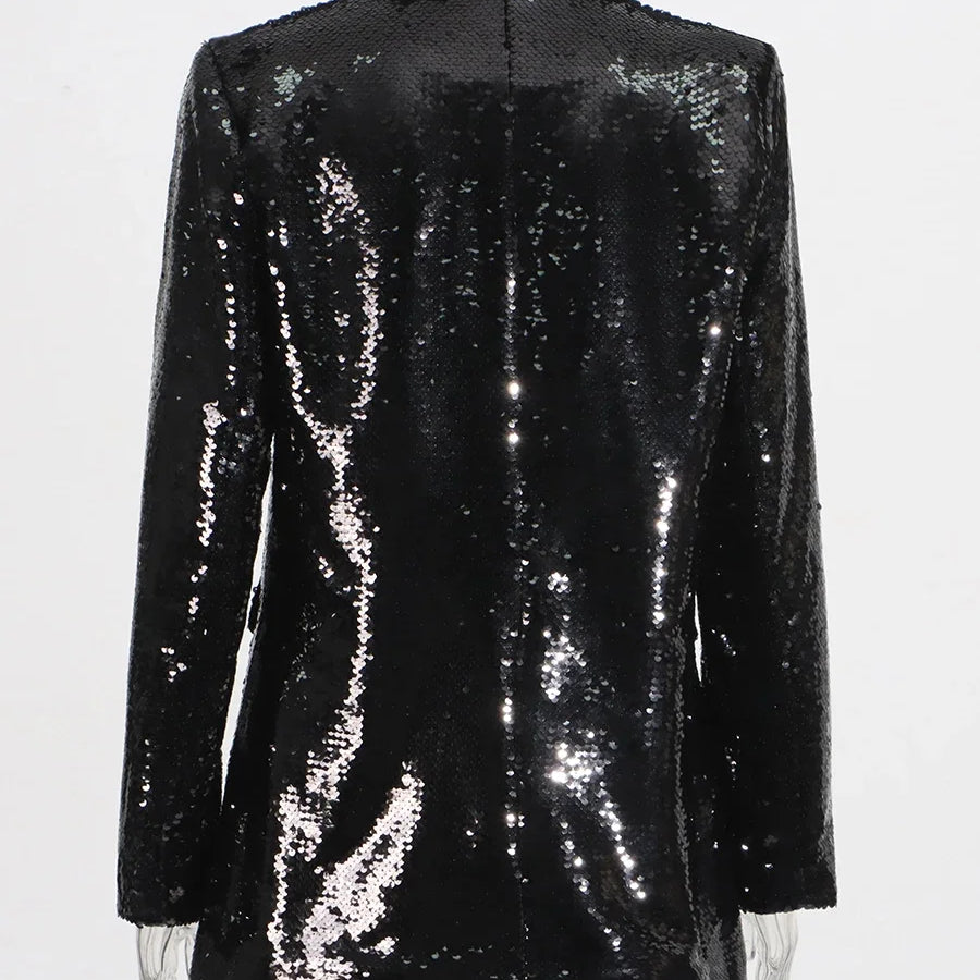 TWOTWINSTYLE Solid Slimming Spliced Sequins Blazer for Women Lapel Long Sleeves Patchwork Pockets Coat Female Fashion Clothing