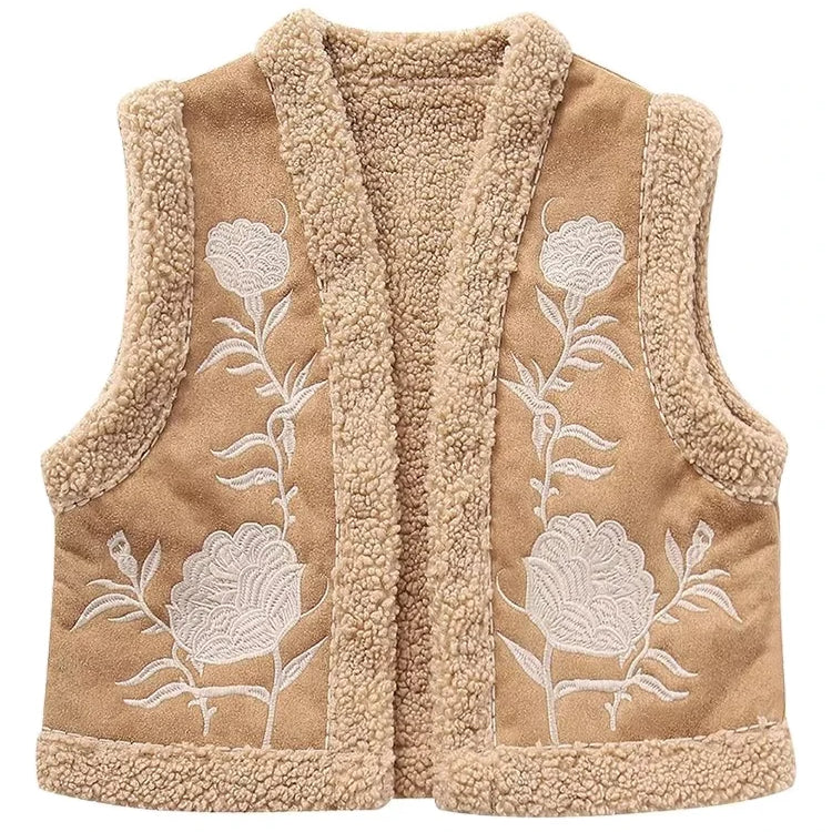 Women's Fashion Flower Embroidery Reversible Vest Vintage Suede Lamb Warm Vest Short Loose Sleeveless Vest Street Style Ves Khaki -TRAF164