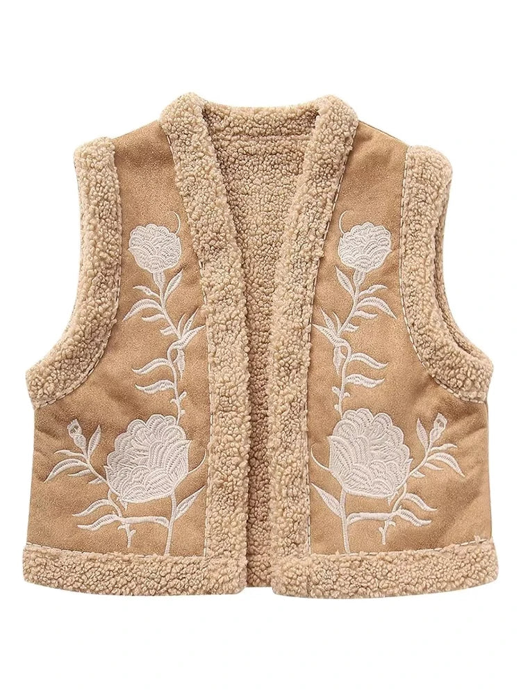Women's Fashion Flower Embroidery Reversible Vest Vintage Suede Lamb Warm Vest Short Loose Sleeveless Vest Street Style Ves Khaki -TRAF164