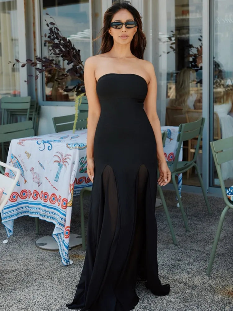 Women Celebrity Sexy Strapless Backless Mesh Maxi Long Bodycon Bandage Dress 2025 Elegant Evening Club Party Outfit