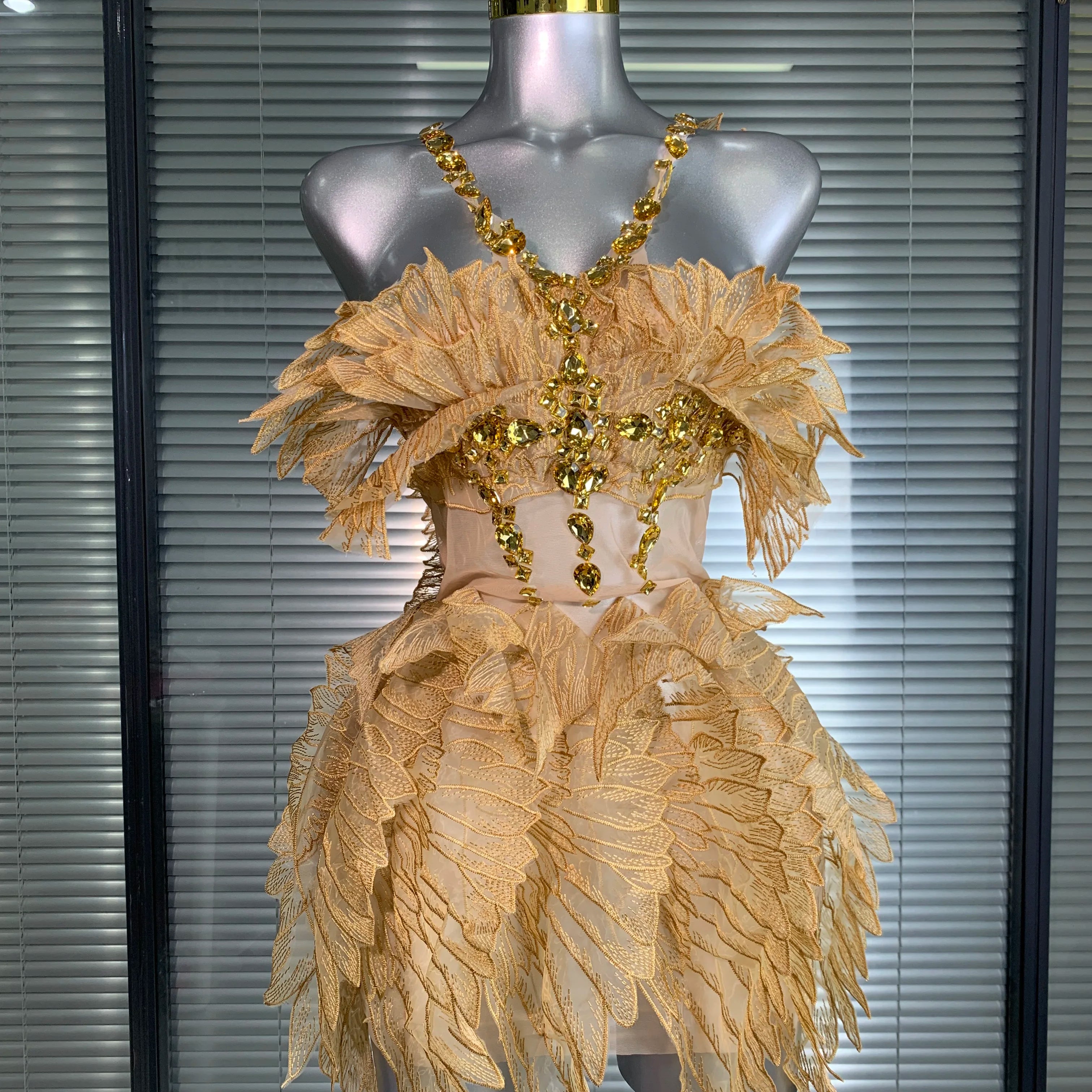 Summer New Women Sexy Gold Crystal Diamonds Stage Performance Costume Dancer Singer Night Club Mini Party Dress