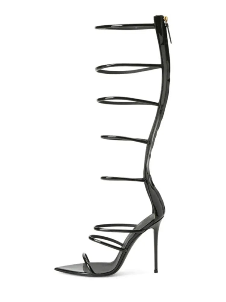 Women's New Open Toe Lacquer Leather Slim High Heel Sandals Fashion Belt Buckle Back Zipper Show Fashion Cool Boots Black