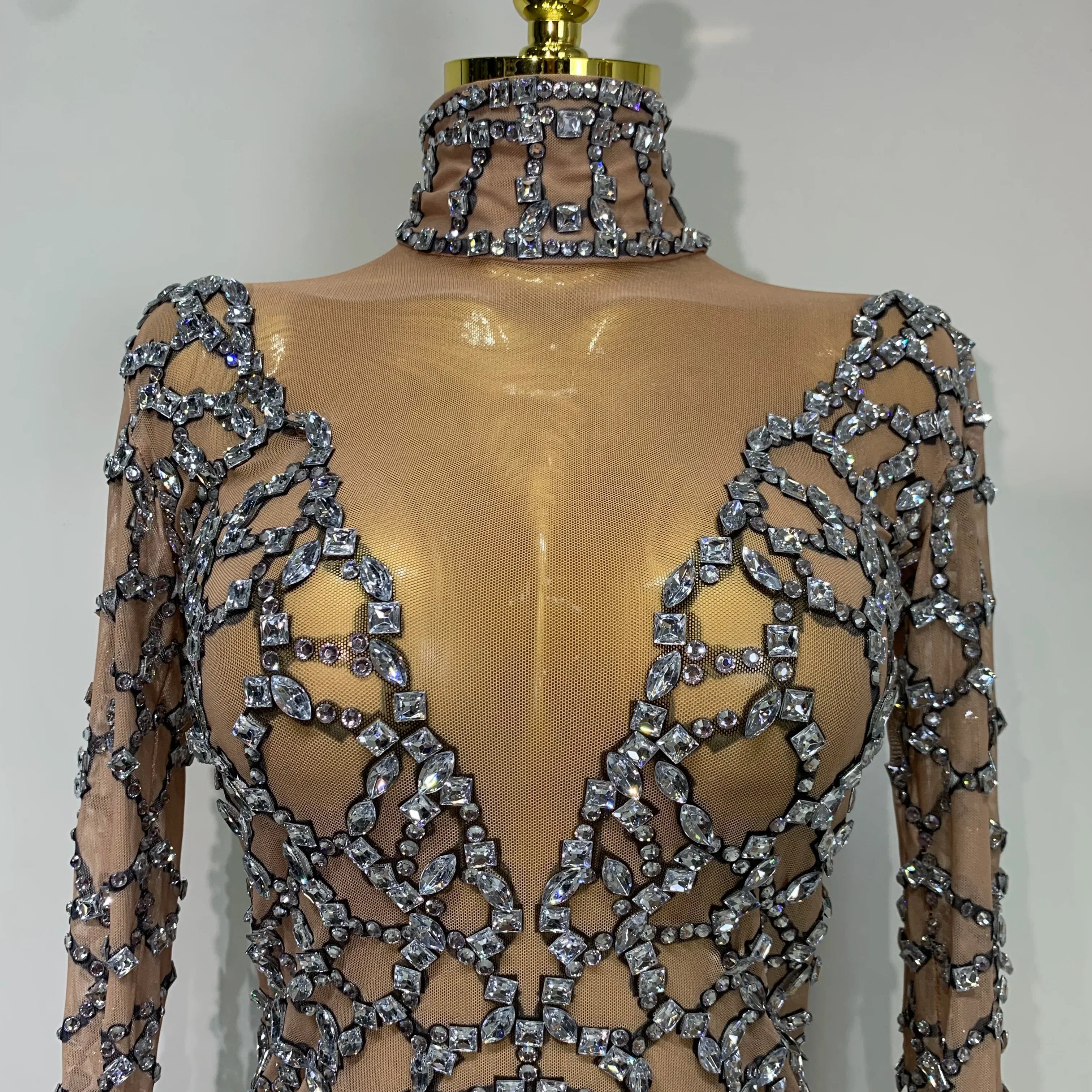 Shining Diamond Tassel Bodysuit Nightclub Stage Tight Mesh Long Sleeved  Nightclub Singer Performance Costume