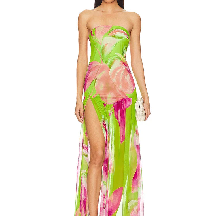 New Summer Print Strapless Mesh Patchwork Slit Long Dress Women Sexy Sleeveless Printed Split Colorful Vacation Maxi Dress Party Green