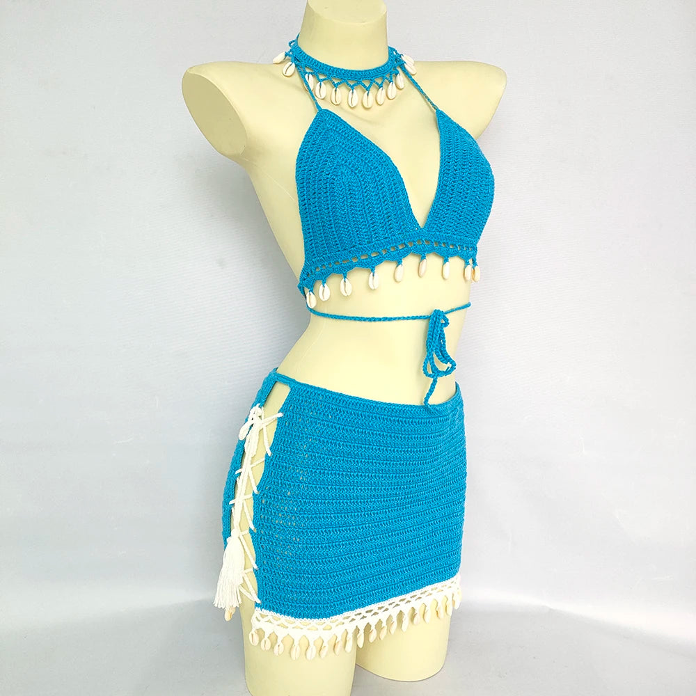 3pcs Bikini Set Woman Crochet Shell Tassel Bikini Top And Seashell Ankle Chain Sexy Beach Skirt Lace See Through Slim Mini Skirt Blue