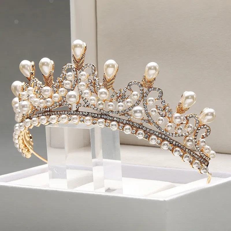 Bridal Headwear - A Golden Lady Fashion Wedding Princess Imitation Pearl Classic Tiaras Girl Luxurious Birthday Crown