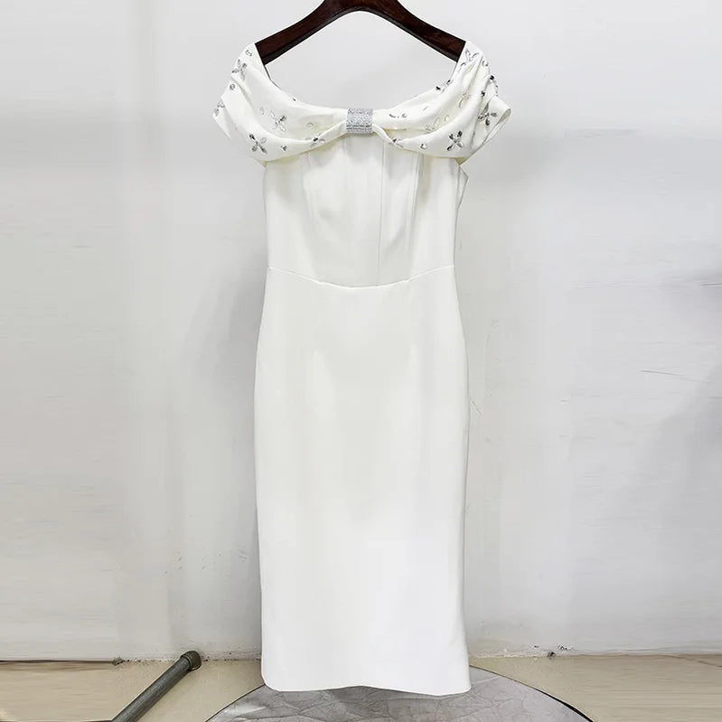 TWOTWINSTYLE Solid Slimming Spliced Bead Elegant Dresses for Women Slash Neck Short Sleeves Temperament Dress Female Fashion New