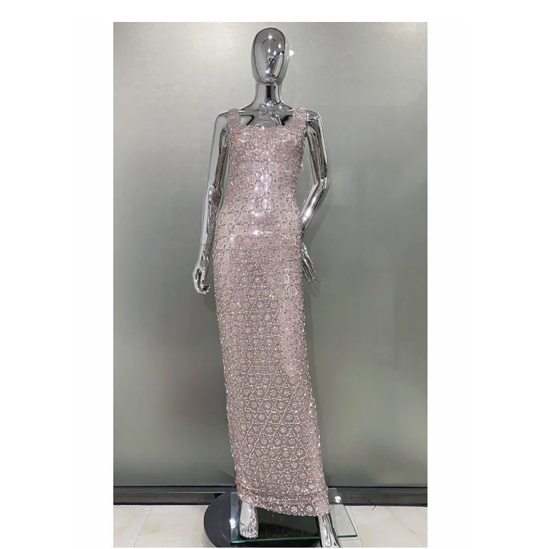2024 Super Shining Diamonds Sexy Mesh See Through Bodycon Long Dress Fashion Woman Evening Party Dress Stage Performance Costume