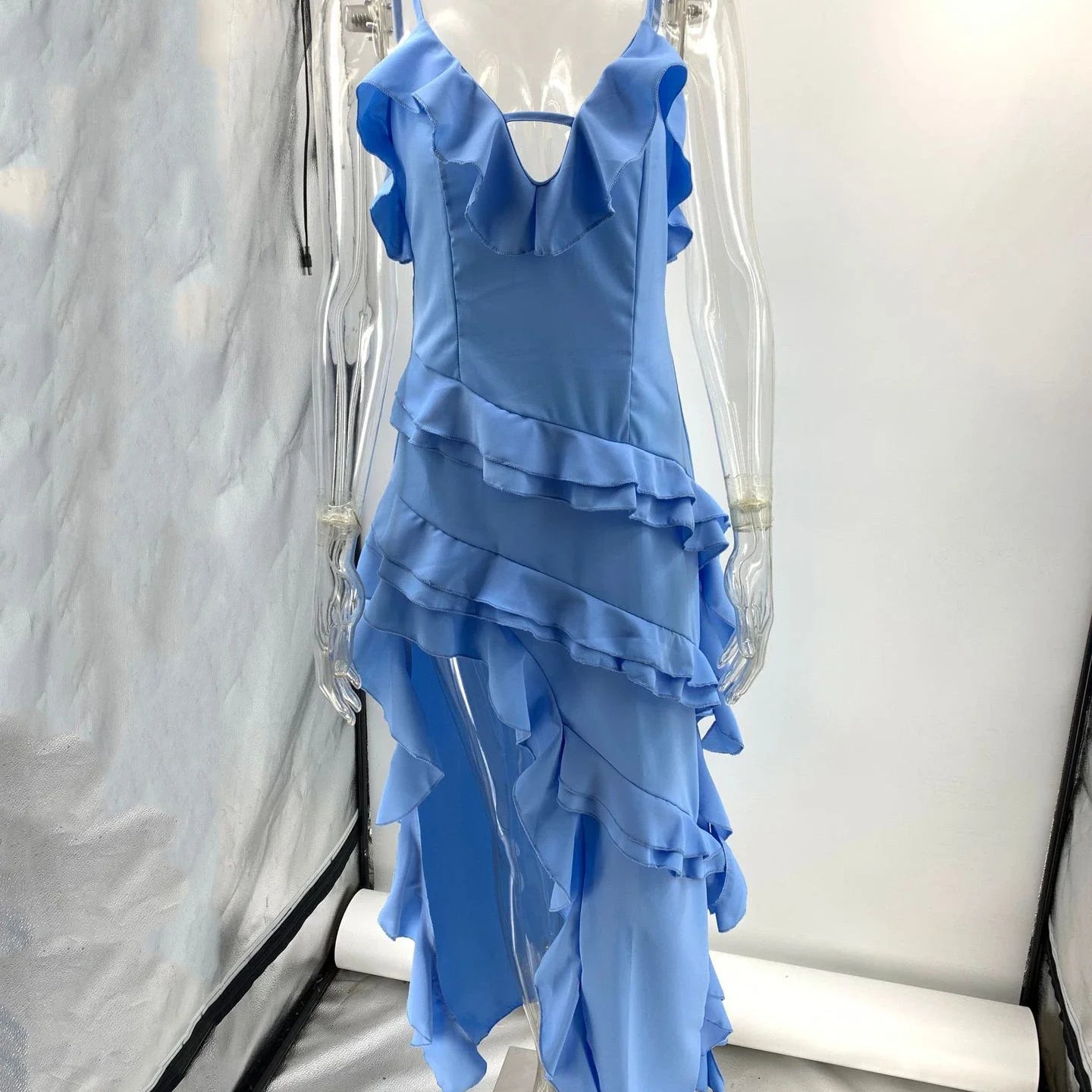 Holiday Maxi Midi Ruffles Beach Dress New Fashion Solid Color A-line Midi Dress Summer Sexy Strap Irregular Dress