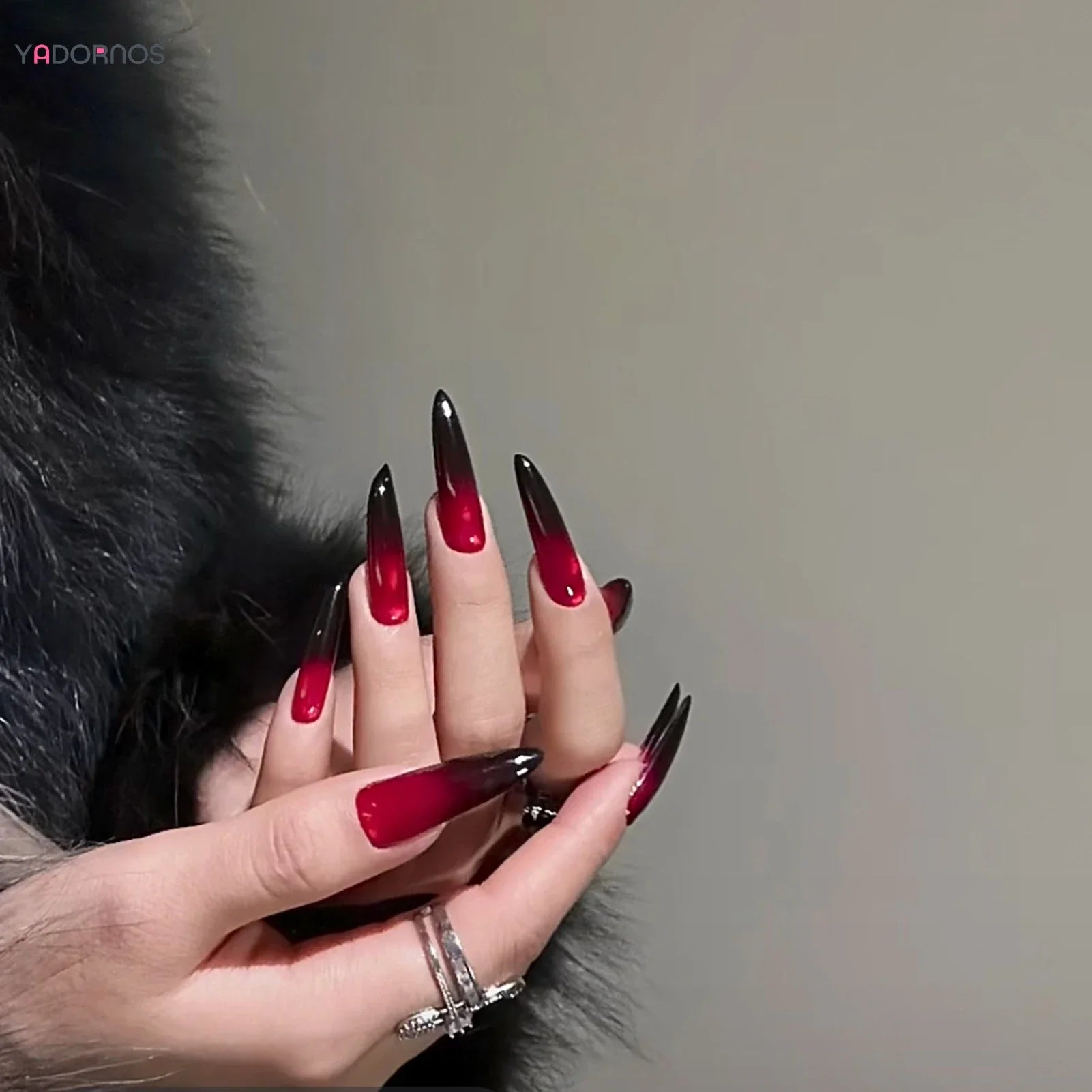 24Pcs Long Stiletto Fake Nails Gradient Red/Black Press On Nails Spicy Girls Charm Manicure Full Cover Stick-on Nail Extension