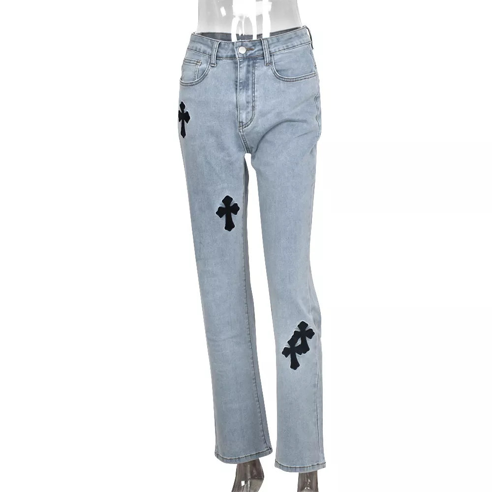 Casual Cross Printed Baggy Jeans Women Low Waist Vintage Straight Denim Trousers Cyber Y2k Goth Pants Fashion Mom Jeans Light Blue