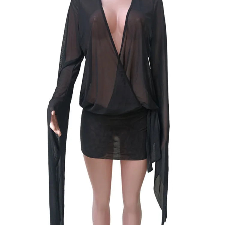 Mesh See Through Sexy Mini Dress For Women Black Sheer Mesh Deep V Neck Long Sleeve Backless Draped Ruched Dress