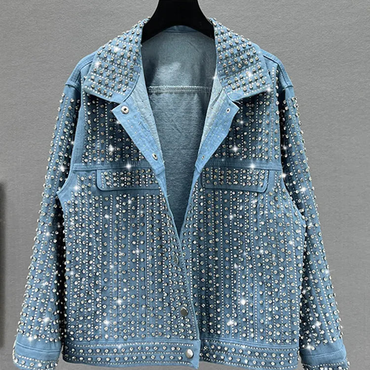 Streetwear Patchwork Rivet Denim Jacket Women Fashion Lapel Long Sleeve Loose Coats Female Outerwear Autumn Trend blue