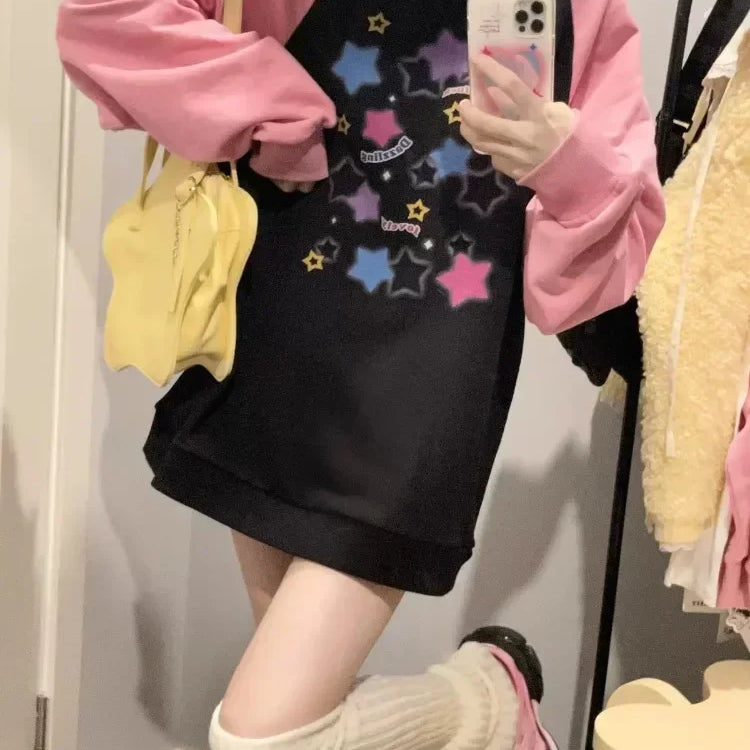 ADAgirl Women Star Graphic Hoodies Y2K Aesthetic Raglan Sleeve Sweatshirt E-girl Oversized Harajuku Tops Cutecore Kawaii Clothes Pink1