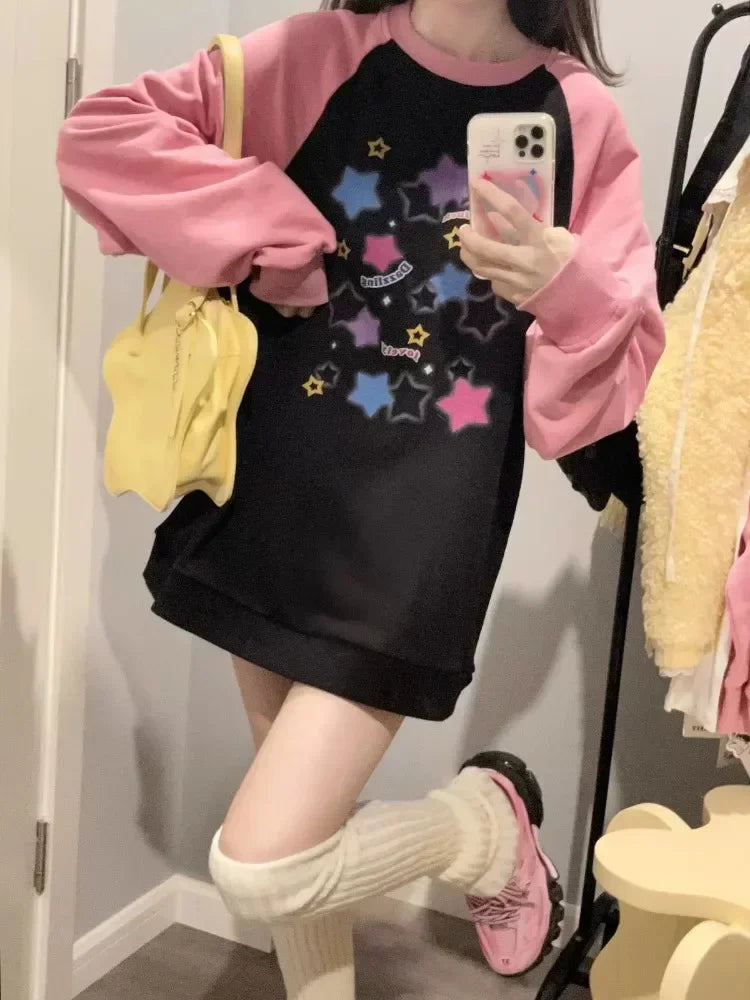 ADAgirl Women Star Graphic Hoodies Y2K Aesthetic Raglan Sleeve Sweatshirt E-girl Oversized Harajuku Tops Cutecore Kawaii Clothes Pink1
