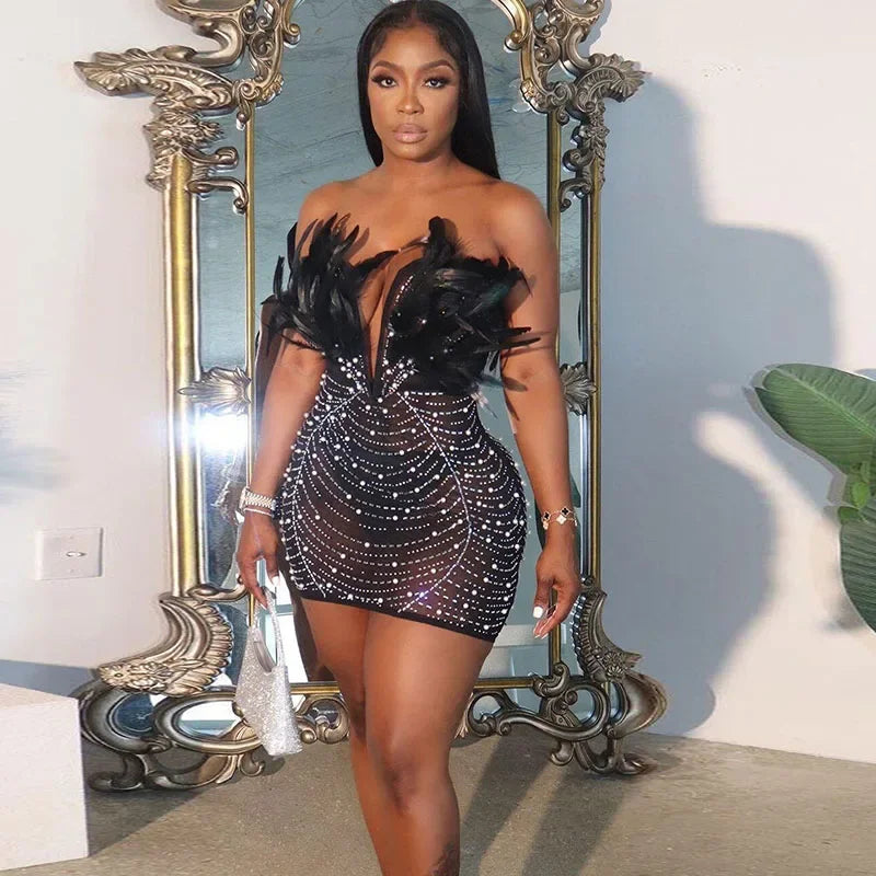 Sexy Club Party Night Feathers Rhinestones Birthday Dresses for Woman Elegant Backless Diamond Sheer Mesh Bodycon Dress Vestidos black