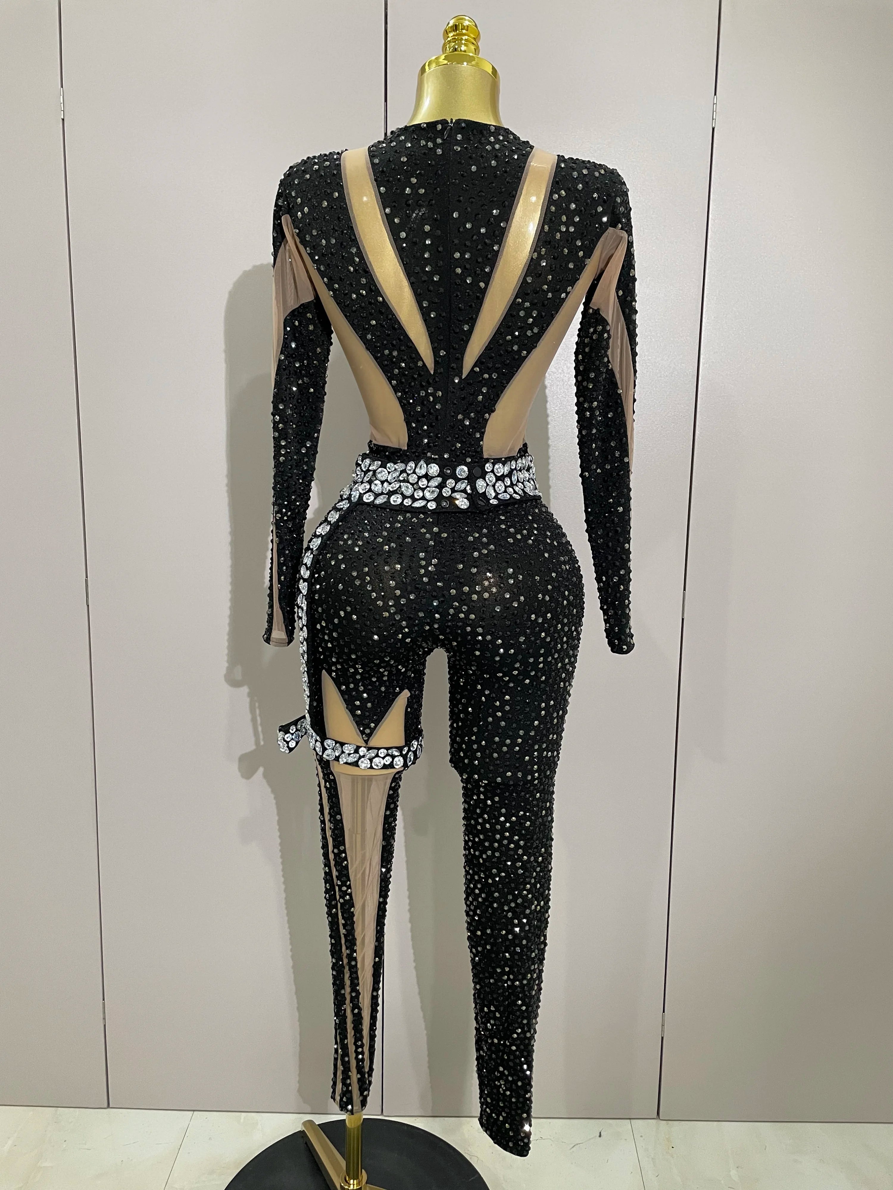 2025Sexy Sparkly Full Diamond Black Perspective Waist Cinching Asymmetrical Mesh Jumpsuit Birthday Party Nightclub Stage Costume