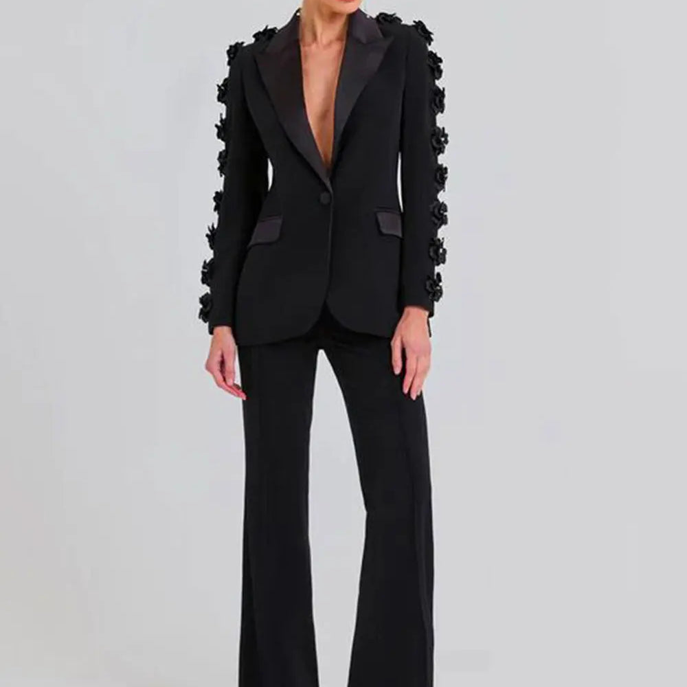 2024  Women Suit Pants Set with Collar, Long Sleeve, Three Dimensional Flower Decoration, Slim Fit Suit Coat+Two Piece Pants Set