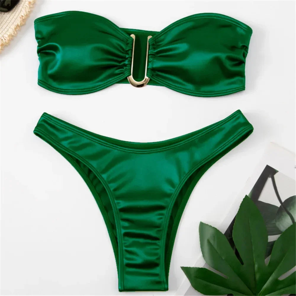 Sexy U Shaped Bandeau Bikinis Set Mujer Strapless Swimwear Women Gold Swimsuit Bathing Suit Biquinis Brazilian Bikini Swim 2024 green