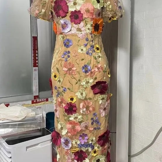 JAMERARY Runway Spring/Summer New Mesh 3D Flower Embroidery Perspective Evening Prom Dress Women Holiday Robe Vestido Party V khaki shortsleeve