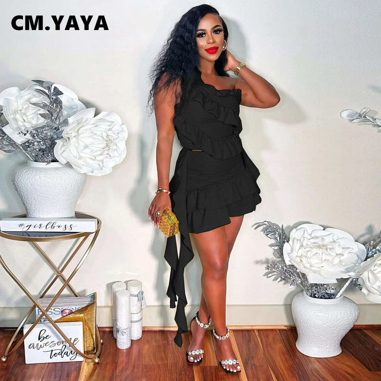 CM.YAYA Women Set Sleeveless One Shoulder Ruffles Tops and Mini Skirt Suits 2024 Sexy Cute beach Street Two 2 Piece Set Outfits
