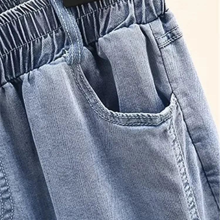Plus Size Women's Clothing Denim Elasticated Waist Summer Thin Washed Jeans Fatty Wide-Legged Trousers For Obese Ladies Wear