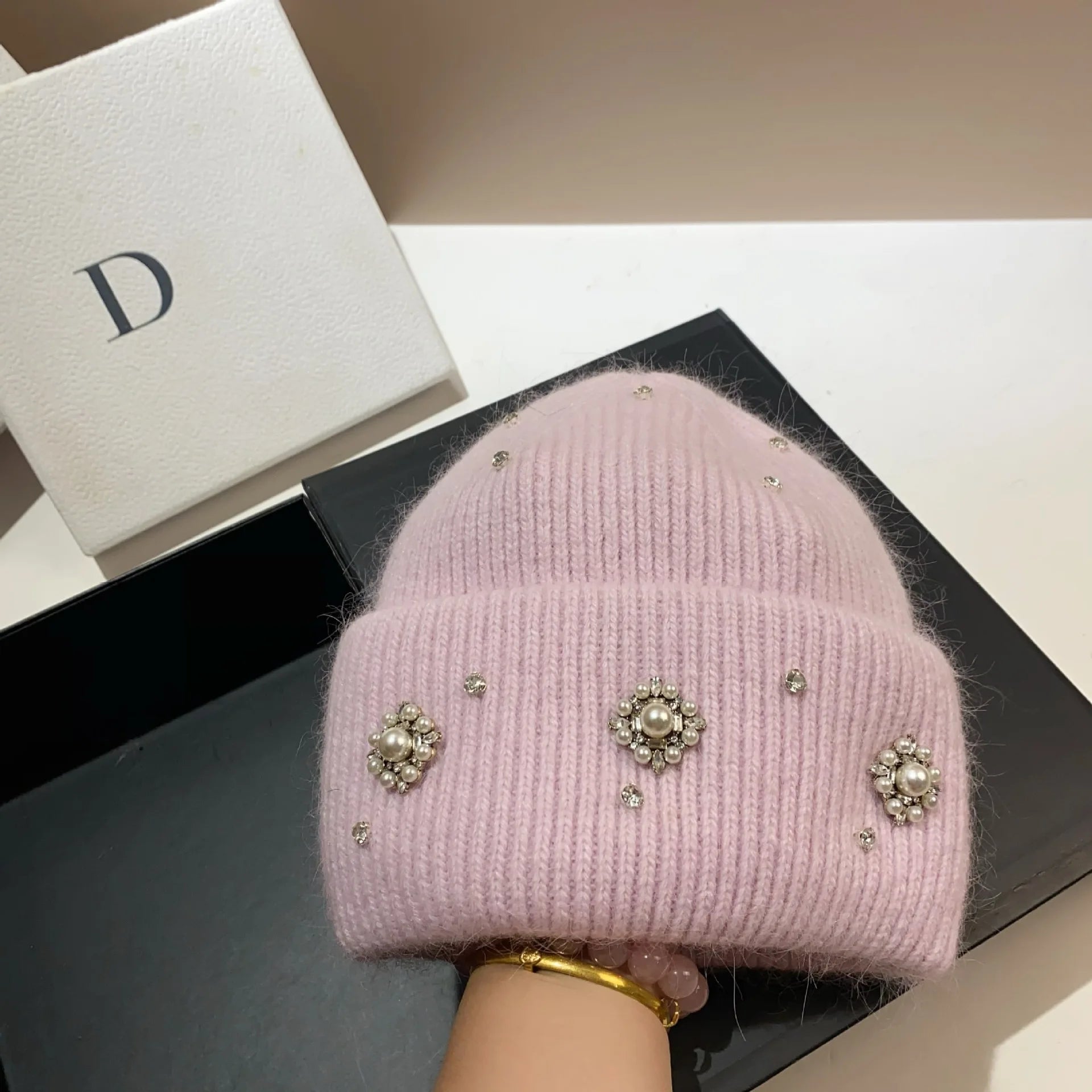Designer Brand Rhinestones Winter Knitted Hat Women Warm Wool Skullies Beanies Real Rabbit Fur Knit Bonnet Outdoor Skiing Cap