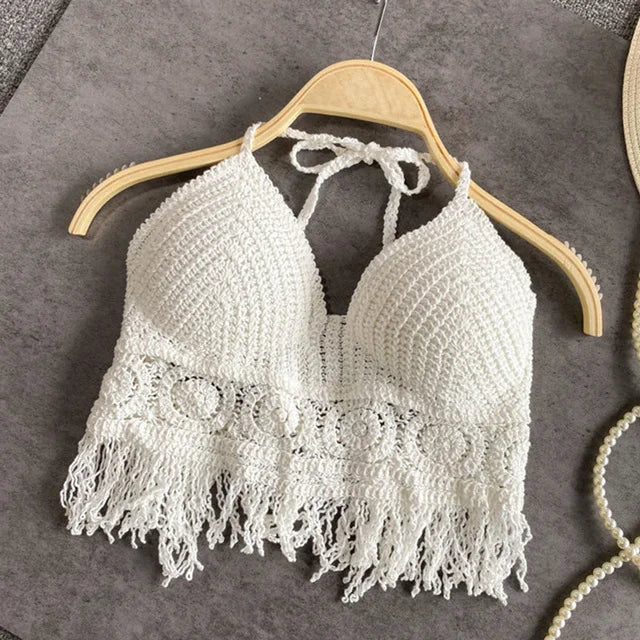 Sexy Boho Beach Holiday Camisole Halter Women Crochet Knit Swimsuit Bra Backless Vest Hollow Tassel Tank Top Women's Crop Tops White-1 One Size