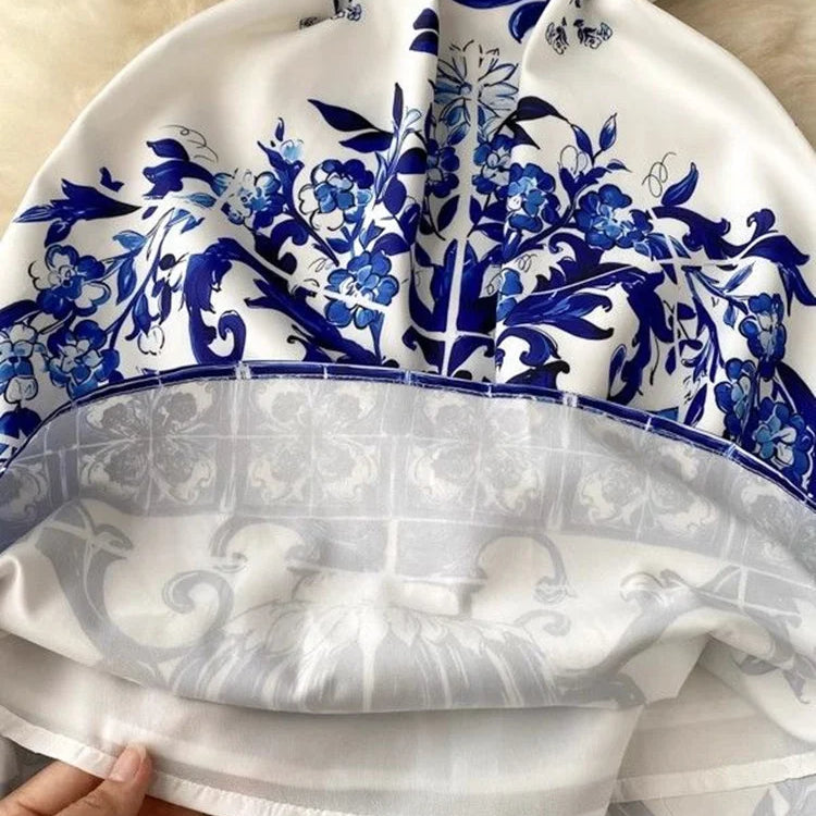 JAMERARY Summer Runway Fashion Red Blue White Porcelain Floral Dress Women's Short Sleeve Flower Printing A Line Mini Vestidos