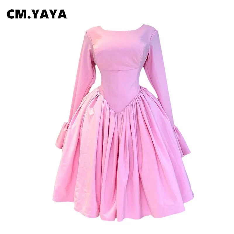 CM.YAYA 2025 Women O-neck Long Flare Sleeve Pleated Mini Midi Dress Backless Elegant Birthday Beach Night Party Vestidos Dresses