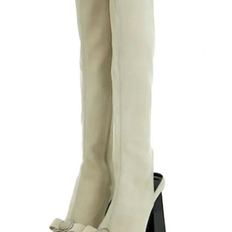 Women's Spring/Summer New Knee Long Women's Boots Fish Mouth Side Zipper Elastic Mid Sleeve Boots 44 Large Women's Boots Light yellow