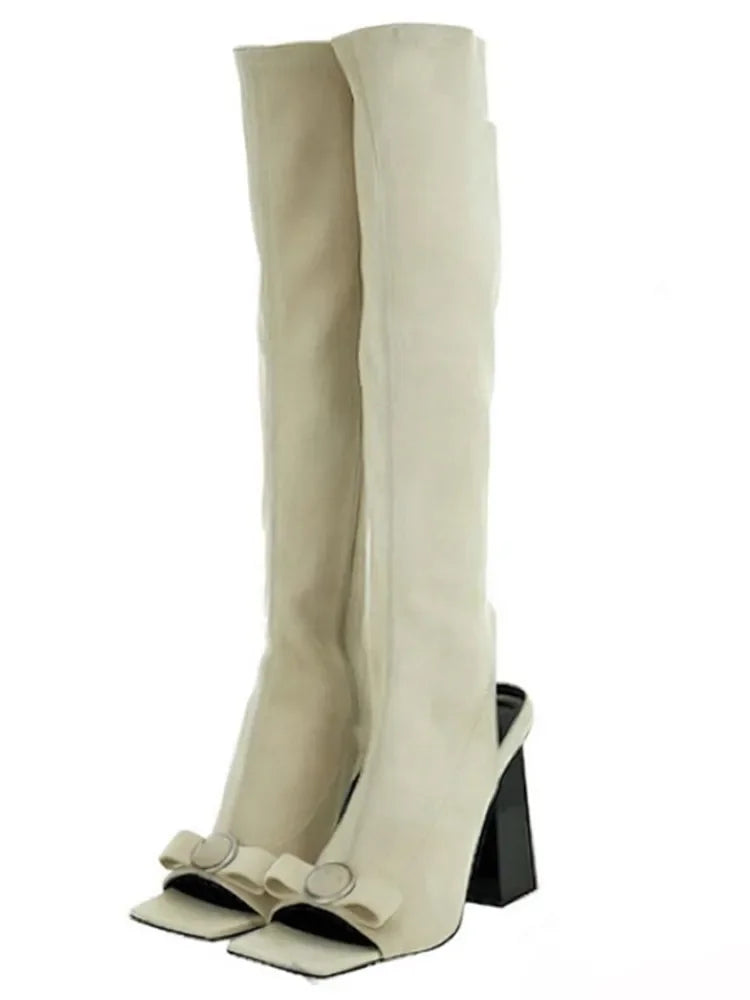 Women's Spring/Summer New Knee Long Women's Boots Fish Mouth Side Zipper Elastic Mid Sleeve Boots 44 Large Women's Boots Light yellow