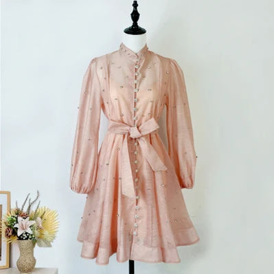 French Luxury Crystal Beaded Wedding Prom Mesh Dress Women Stand Long Lantern Sleeve Diamond Buttons Belt Lace Up Mini Vestidos