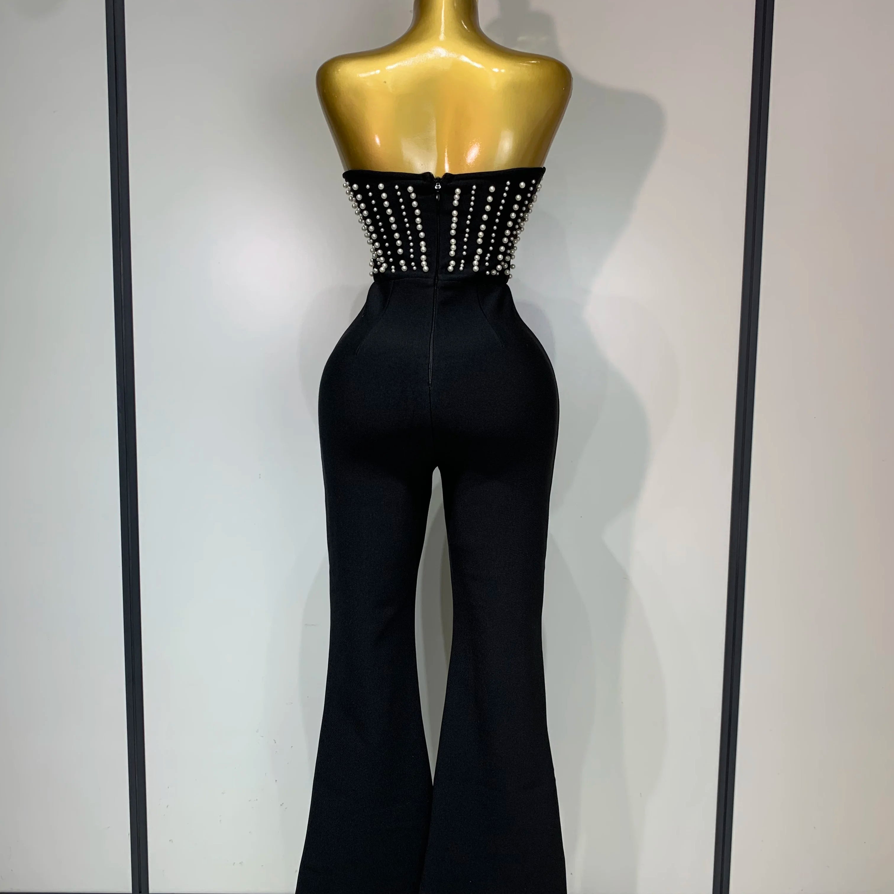 Women Sexy Black Sleeveless Backless Pearls Beaded StraplessBeading Bodycon Bandage Jumpsuit Evening Party Birthday Club Outfit