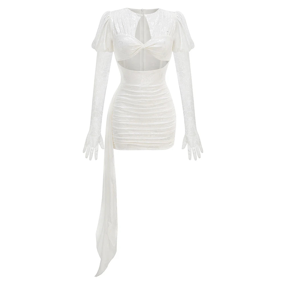 New Arrival White Red Women Long Sleeve Sexy Lace Draped Bodycon Mini Dress Gloves Nightclub Party Celebrate Birthday Dress