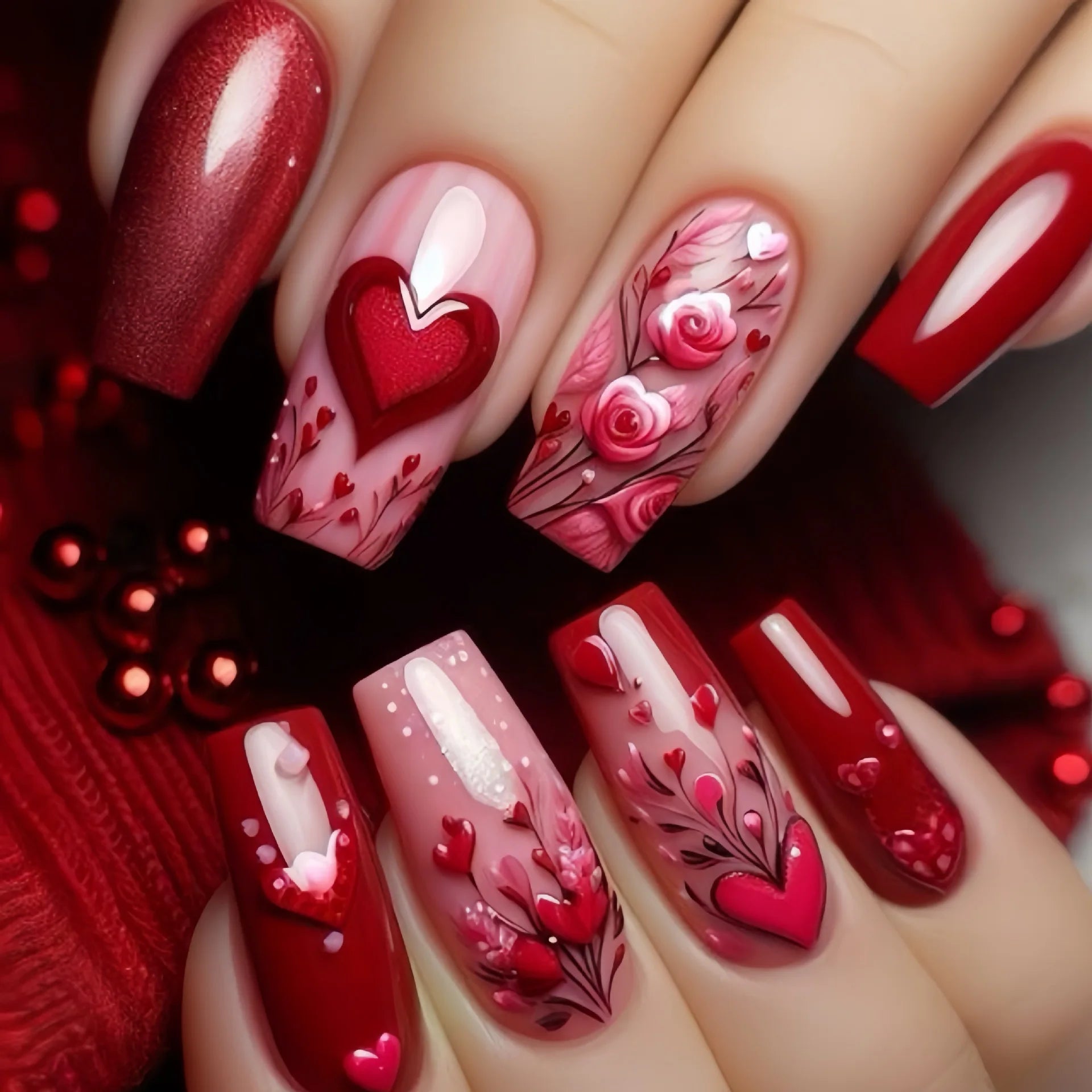24Pcs Mid-length Ballet Press on Nails Red Valentine's Day Design Fake Nails Love Rose Pattern Nail Tips Wearable False Nail Art