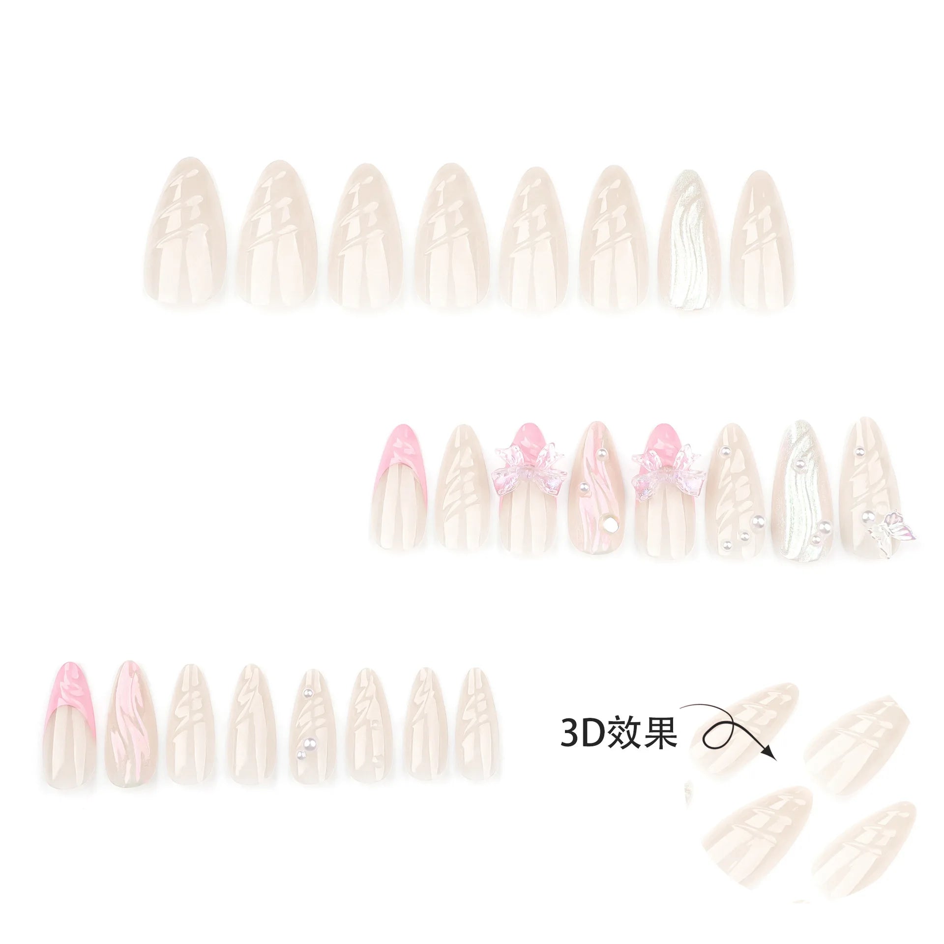 24pcs Sweet French Pink Press on Nail 3D Pearl Butterfly Design Fake Nail Tips Wearable Full Cover Korean Almond Fake Nail Patch