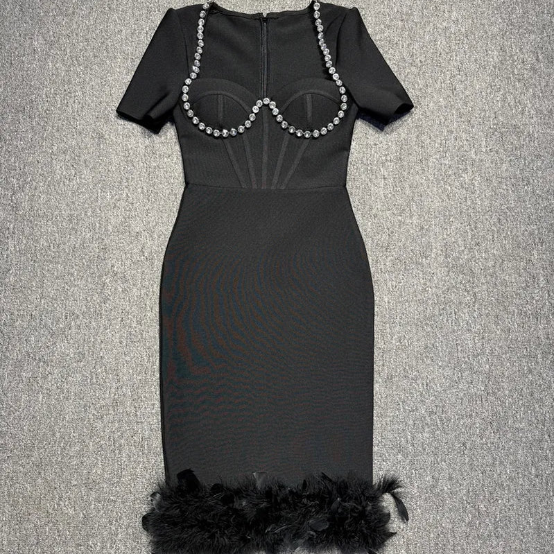 Black Color Women Sexy Sqaure Collar Short Sleeve Bodycon Bandage Mid-calf Dress Celebrate Evening Party Cocktail Dress