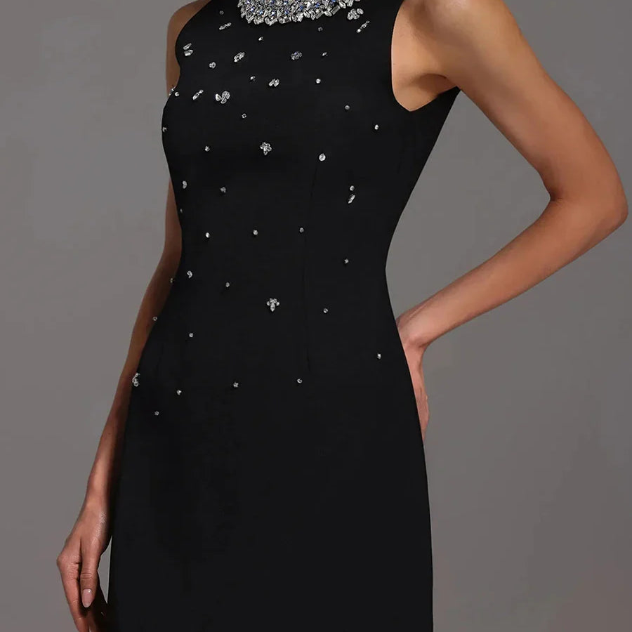 Solid Slimming Spliced Bead Luxurious Mini Dresses for Women Round Neck Sleeveless Temperament Dress Female Fashion