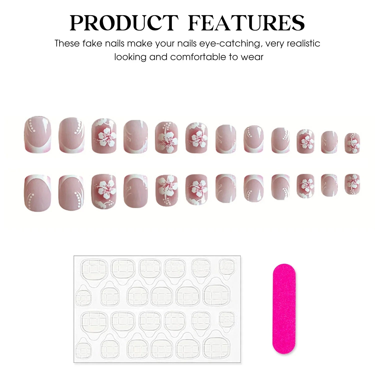 White French Fake Nails with Flower Printed 24Pcs Blush Pink Press On Nails Short Square False Nails Tips DIY Charm Manicure
