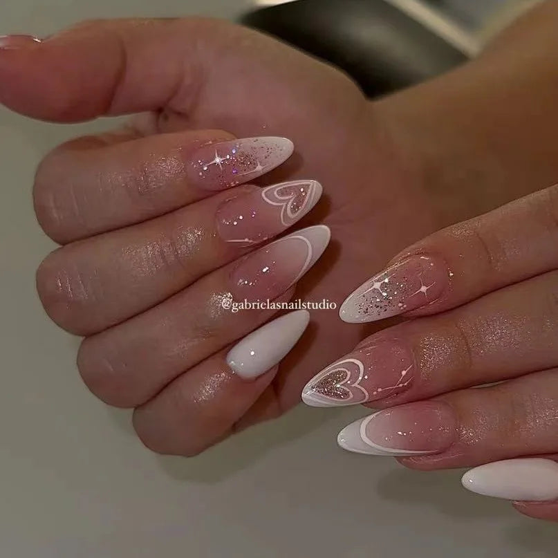 24Pcs Glitter Gradient Love Fake Nails Short Almond French Design Valentine Day Party Pink Press on Nails Sweet Girl False Nails