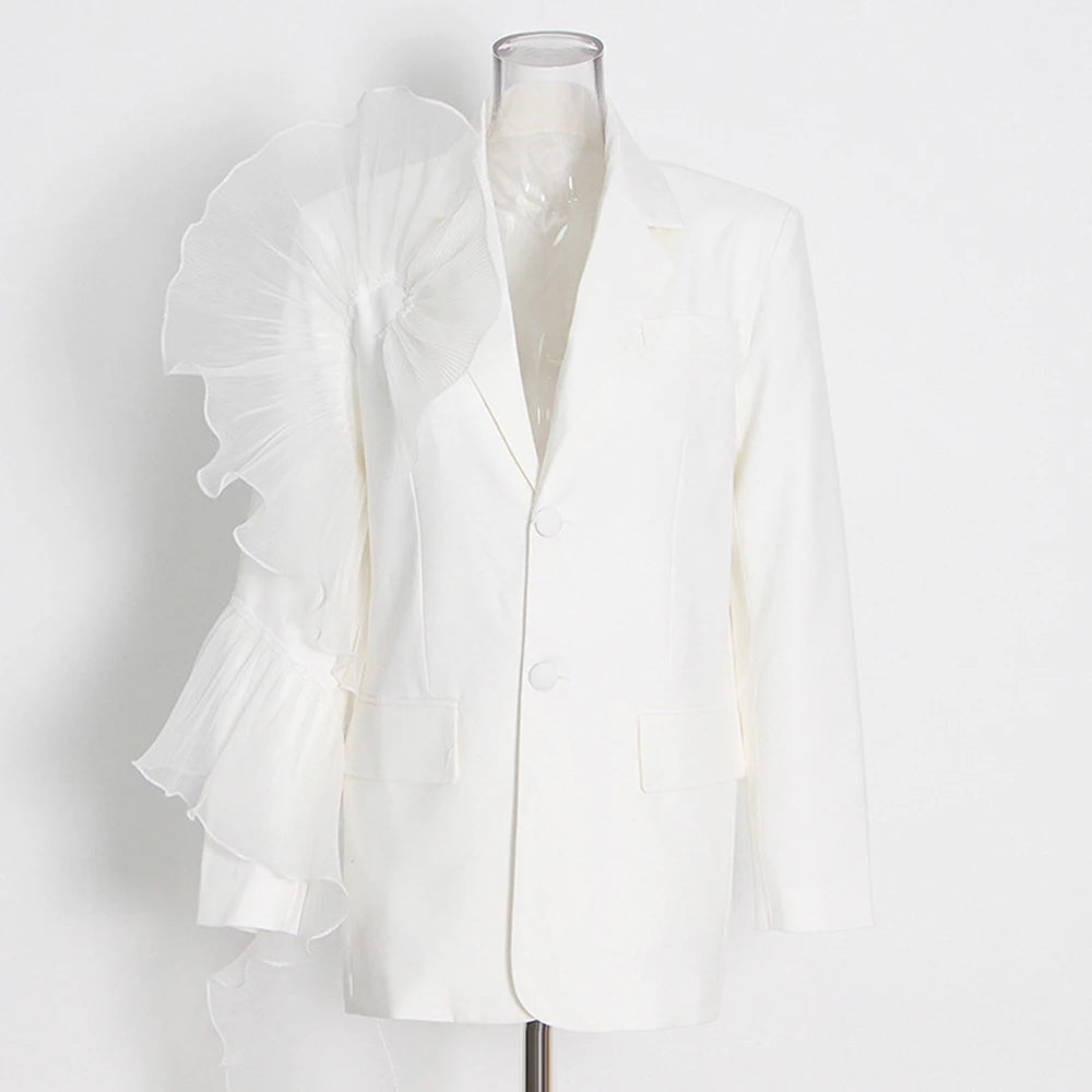 Patchwork Mesh Solid Casual Blazers For Women Notched Collar Long Sleeve Spliced Single Breasted Temperament Blazer Female WHITE